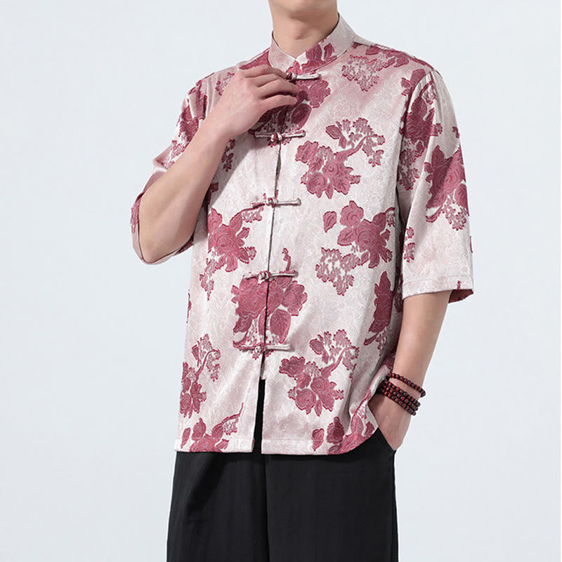 Nimara Ritual Summer Tang Style Mandarin Collar Frog Button Floral Jacquard Men's Elbow-Length Sleeve Shirt
