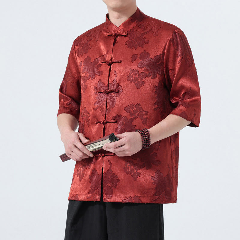 Nimara Ritual Summer Tang Style Mandarin Collar Frog Button Floral Jacquard Men's Elbow-Length Sleeve Shirt