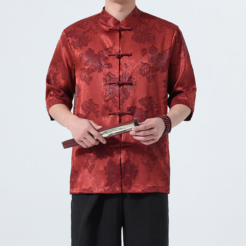 Nimara Ritual Summer Tang Style Mandarin Collar Frog Button Floral Jacquard Men's Elbow-Length Sleeve Shirt