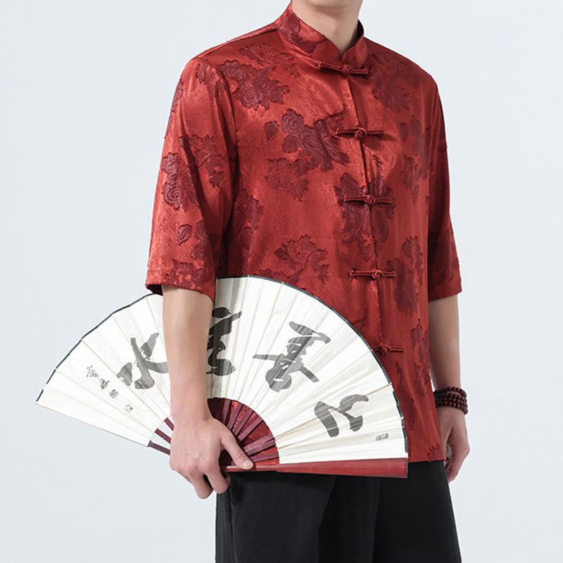 Nimara Ritual Summer Tang Style Mandarin Collar Frog Button Floral Jacquard Men's Elbow-Length Sleeve Shirt