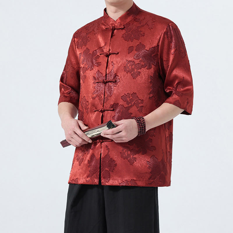 Nimara Ritual Summer Tang Style Mandarin Collar Frog Button Floral Jacquard Men's Elbow-Length Sleeve Shirt