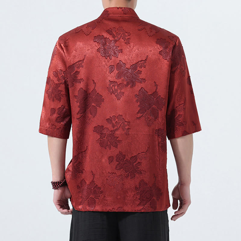 Nimara Ritual Summer Tang Style Mandarin Collar Frog Button Floral Jacquard Men's Elbow-Length Sleeve Shirt