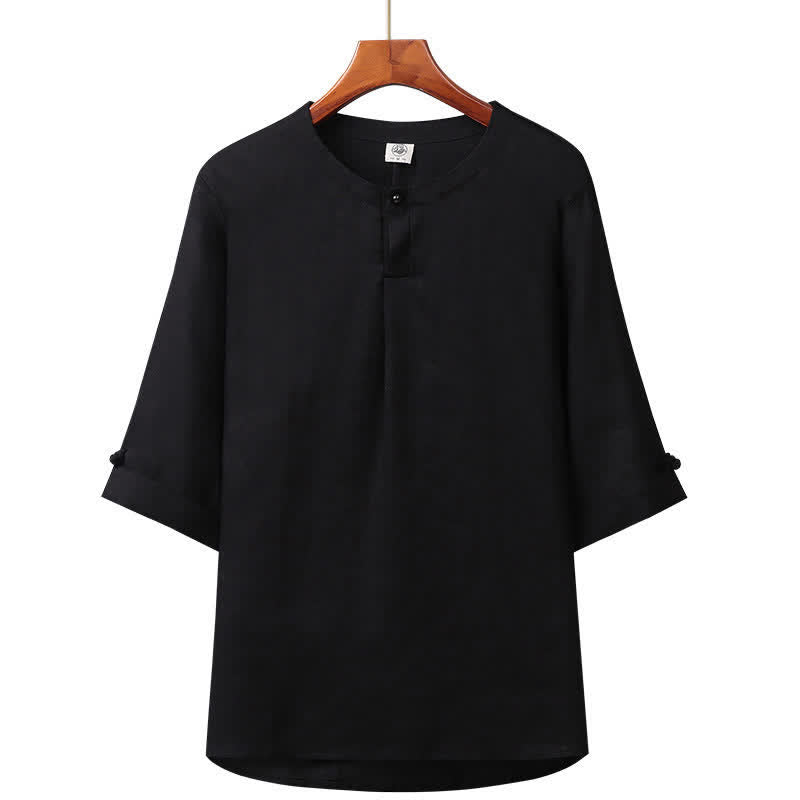 Nimara Ritual Spring Summer Minimalist Button-Up Solid Linen Men's Elbow-Length Sleeve Shirt
