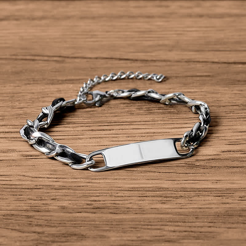 Nimara Ritual Chain Leather Inlay Bar Plate Braided Leather Strengthen Cuban Bracelet