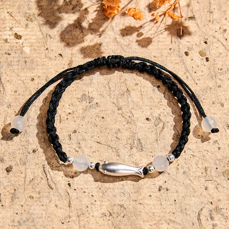Nimara Ritual 999 Sterling Silver Koi Fish White Agate Braided Rope Protection Bracelet