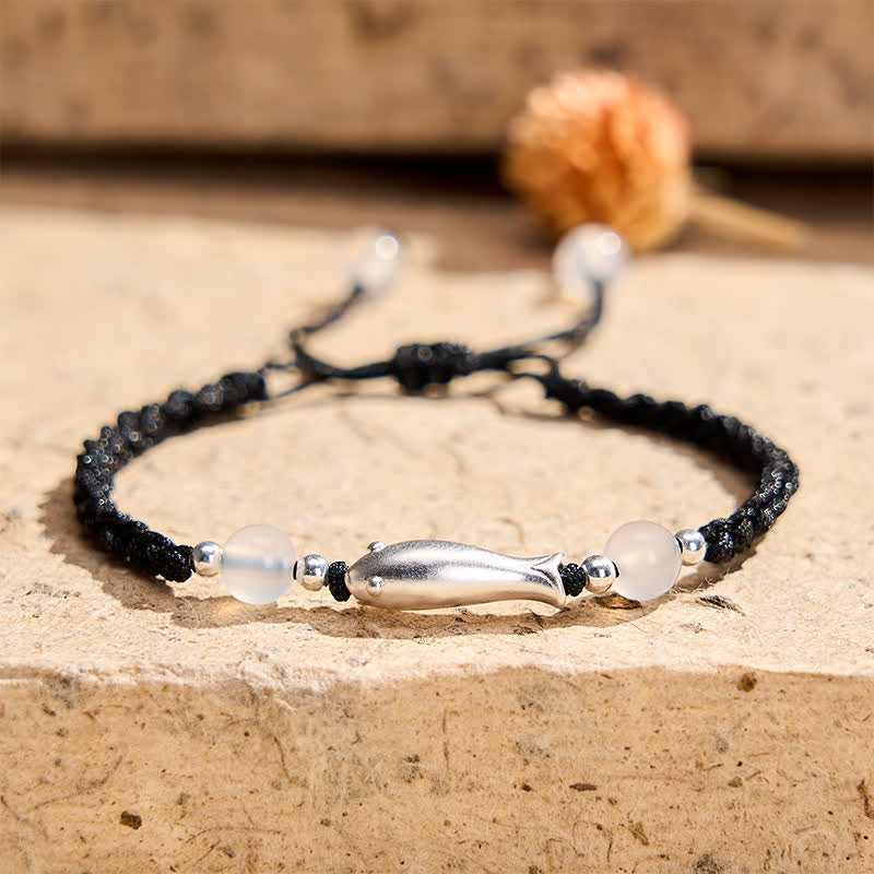 Nimara Ritual 999 Sterling Silver Koi Fish White Agate Braided Rope Protection Bracelet