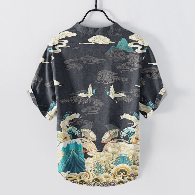 Nimara Ritual Cotton Crane Wave Cloud Pattern Men's Short Sleeve Half Button Shirt
