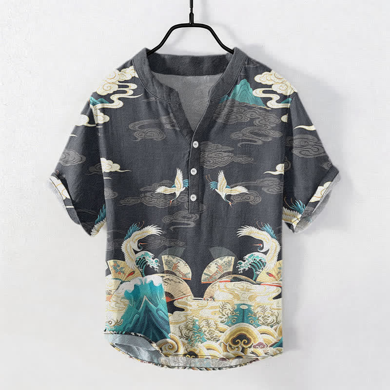 Nimara Ritual Cotton Crane Wave Cloud Pattern Men's Short Sleeve Half Button Shirt