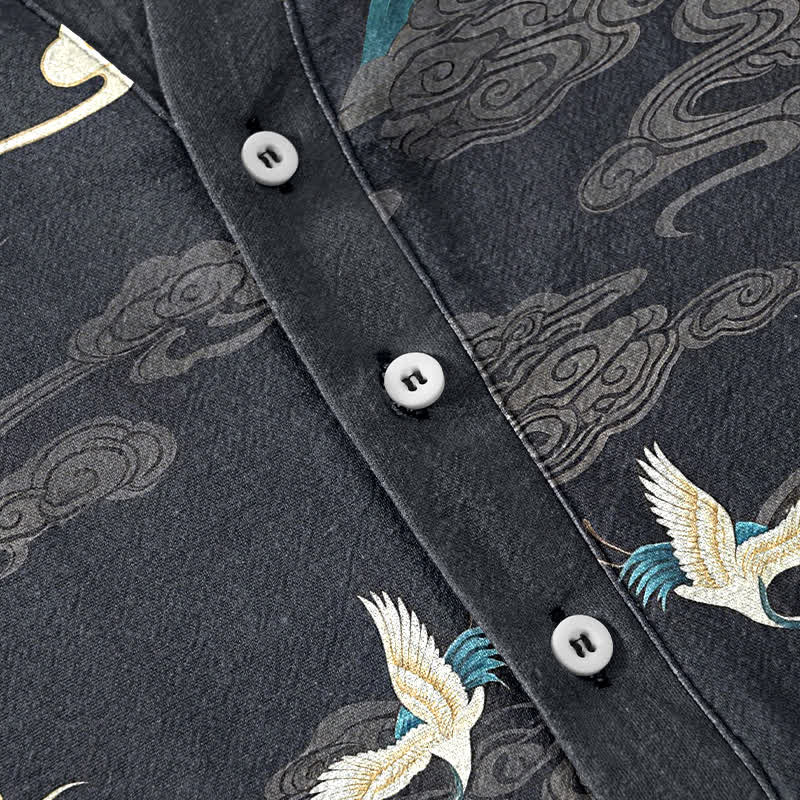 Nimara Ritual Cotton Crane Wave Cloud Pattern Men's Short Sleeve Half Button Shirt