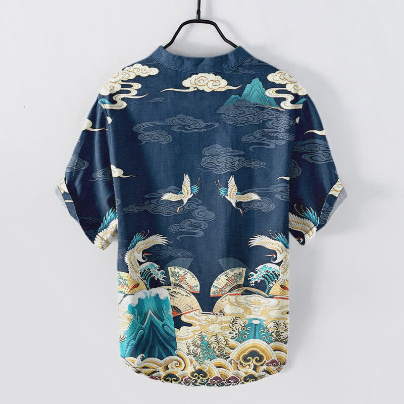 Nimara Ritual Cotton Crane Wave Cloud Pattern Men's Short Sleeve Half Button Shirt