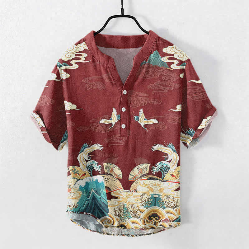 Nimara Ritual Cotton Crane Wave Cloud Pattern Men's Short Sleeve Half Button Shirt