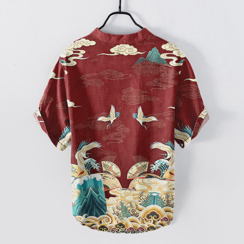 Nimara Ritual Cotton Crane Wave Cloud Pattern Men's Short Sleeve Half Button Shirt
