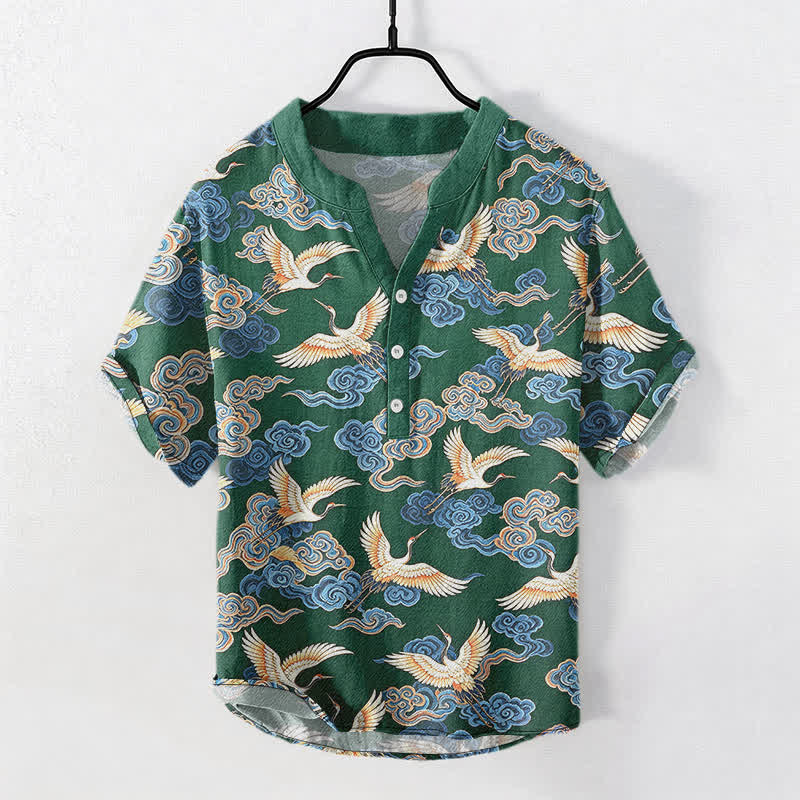 Nimara Ritual Cotton Oriental Crane Cloud Pattern Men's Short Sleeve Half Button Shirt
