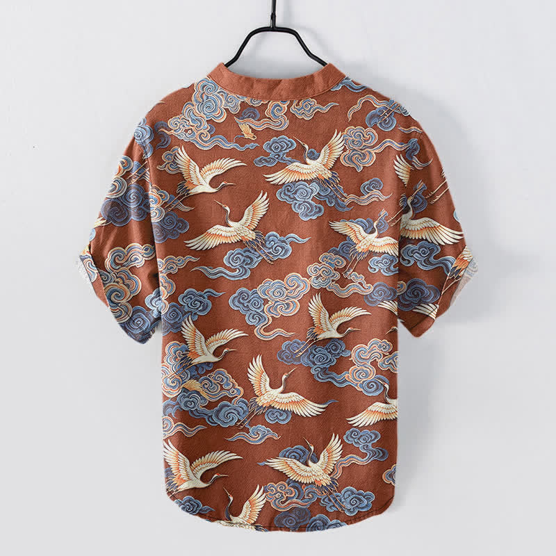 Nimara Ritual Cotton Oriental Crane Cloud Pattern Men's Short Sleeve Half Button Shirt