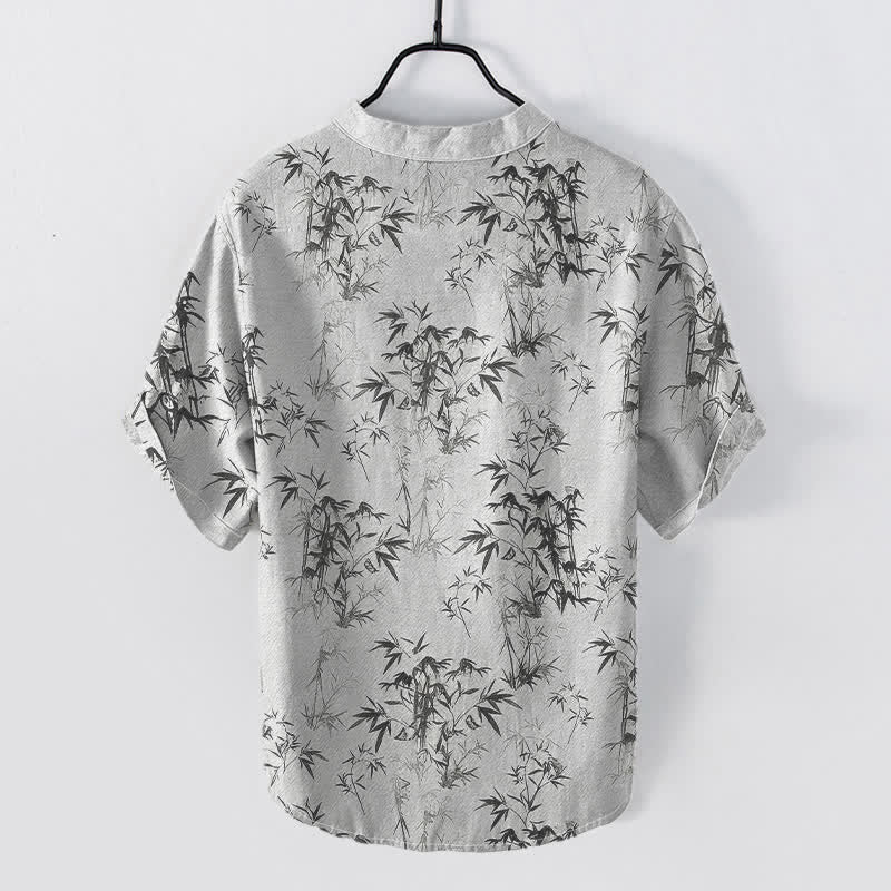 Nimara Ritual Cotton Bamboo Leaf Pattern Men's Short Sleeve Half Button Shirt
