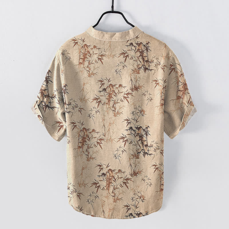 Nimara Ritual Cotton Bamboo Leaf Pattern Men's Short Sleeve Half Button Shirt