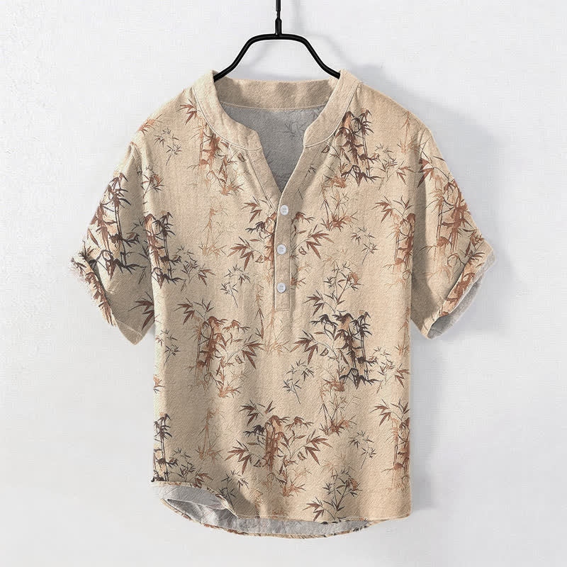 Nimara Ritual Cotton Bamboo Leaf Pattern Men's Short Sleeve Half Button Shirt