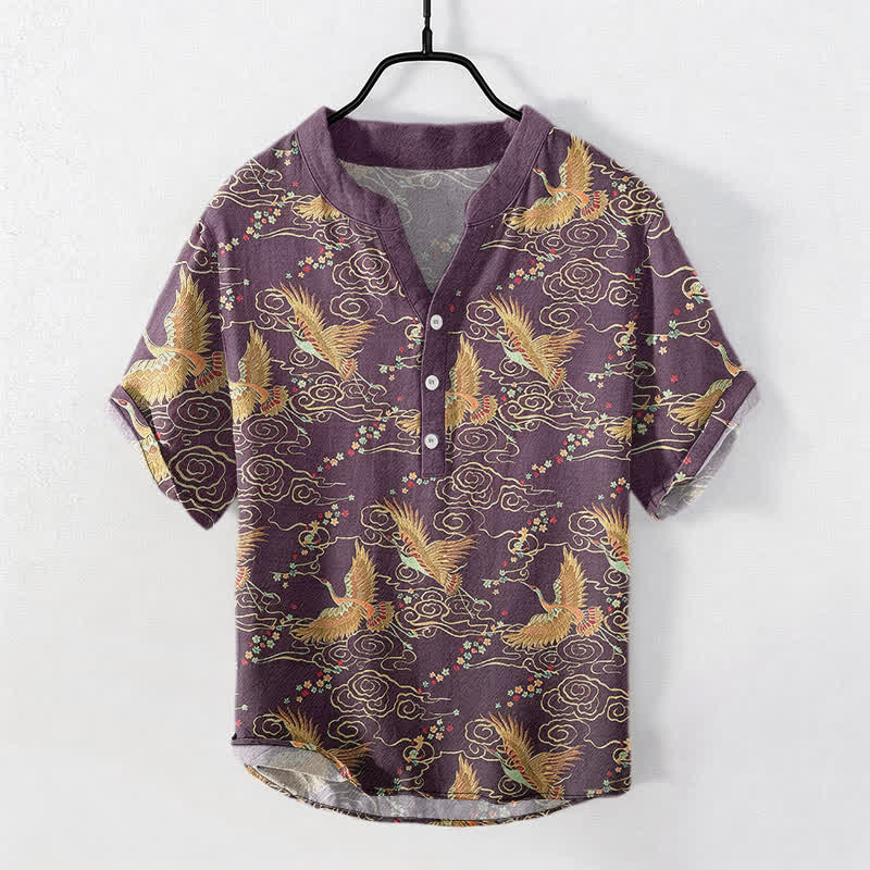 Nimara Ritual Cotton Golden Crane Cloud Pattern Men's Short Sleeve Half Button Shirt