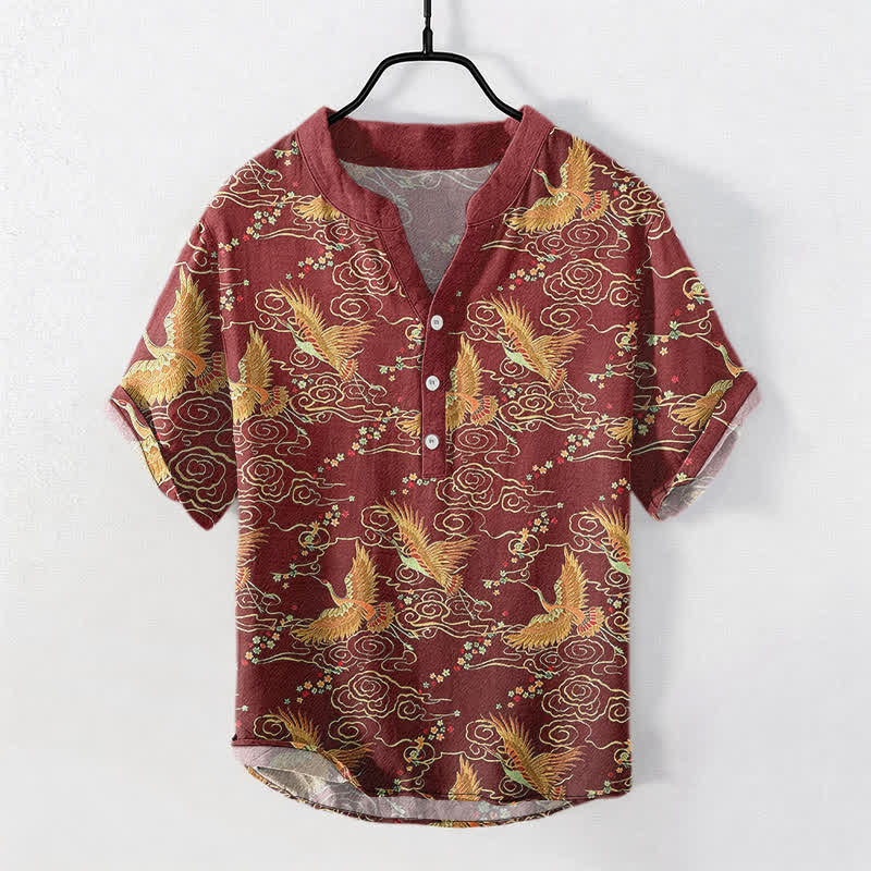 Nimara Ritual Cotton Golden Crane Cloud Pattern Men's Short Sleeve Half Button Shirt