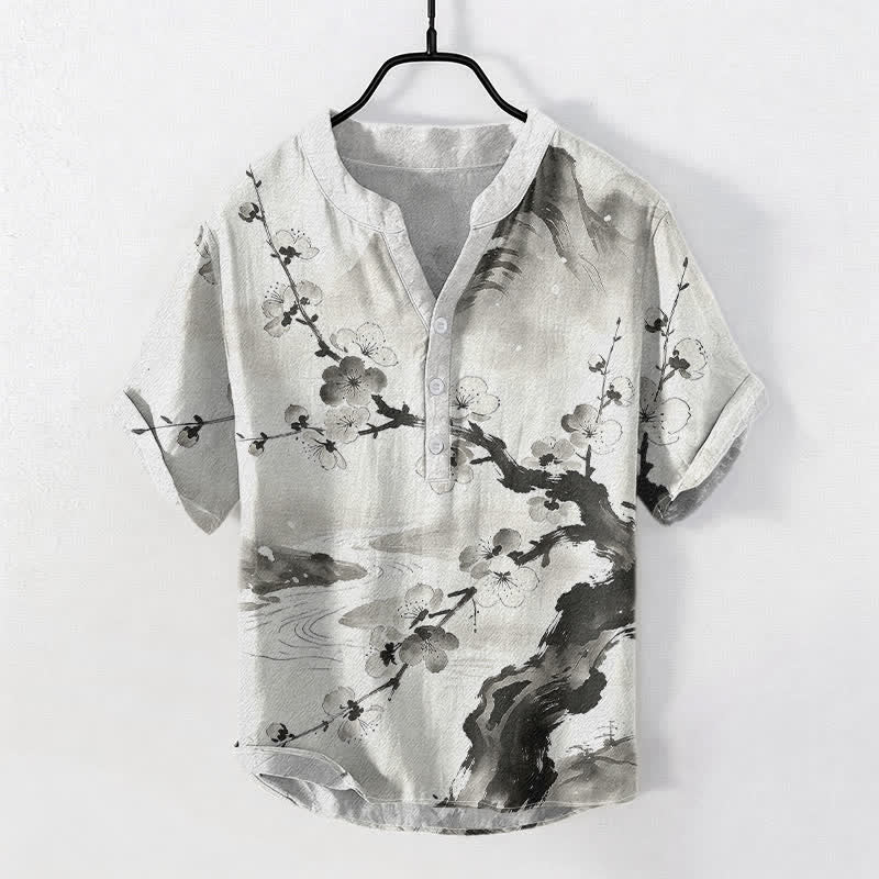 Nimara Ritual Cotton Ink Plum Blossom Pattern Men's Short Sleeve Half Button Shirt