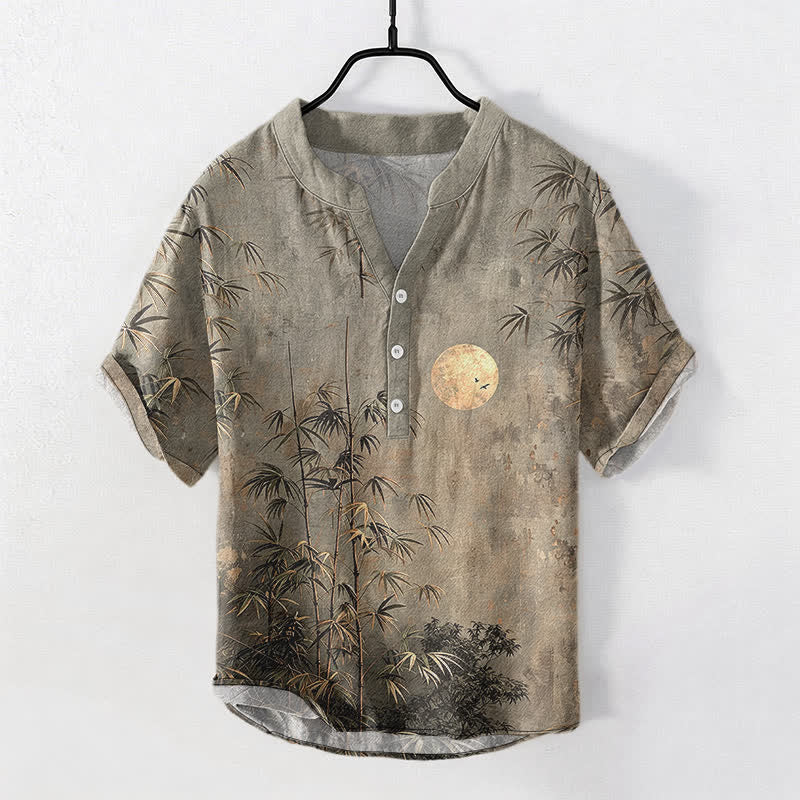 Nimara Ritual Cotton Ink Bamboo With Golden Moon Pattern Men's Short Sleeve Half Button Shirt