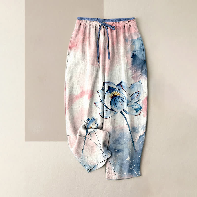 Nimara Ritual Pure Cotton Watercolor Lotus Pattern Women's Elastic Waist Pants With Pockets