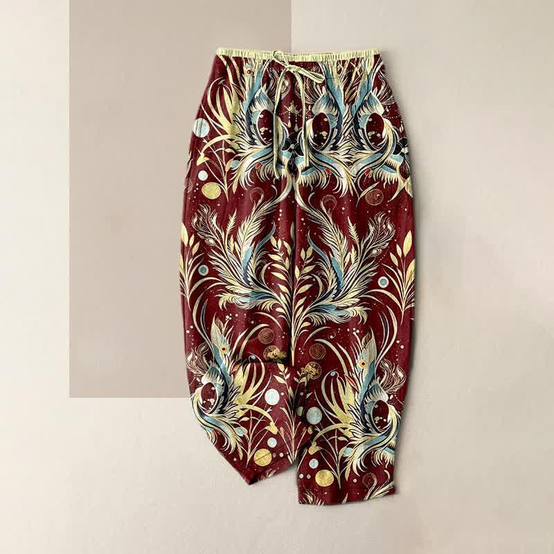 Nimara Ritual Pure Cotton Peacock Feather Dot Pattern Women's Elastic Waist Pants With Pockets
