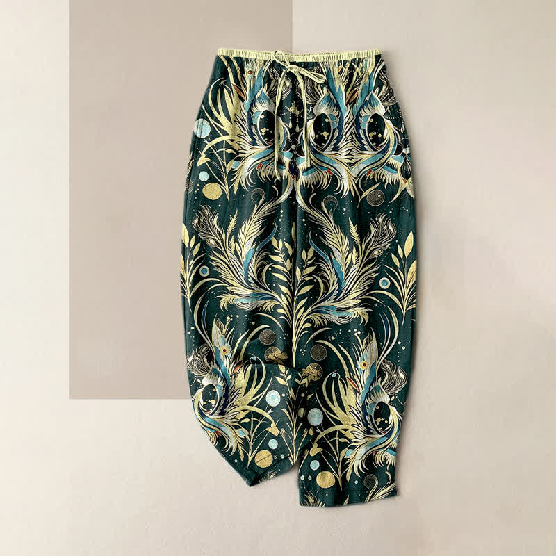 Nimara Ritual Pure Cotton Peacock Feather Dot Pattern Women's Elastic Waist Pants With Pockets