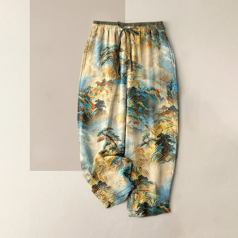 Nimara Ritual Cotton Ink Wash Mountain Landscape Pattern Women's Elastic Waist Pants With Pockets