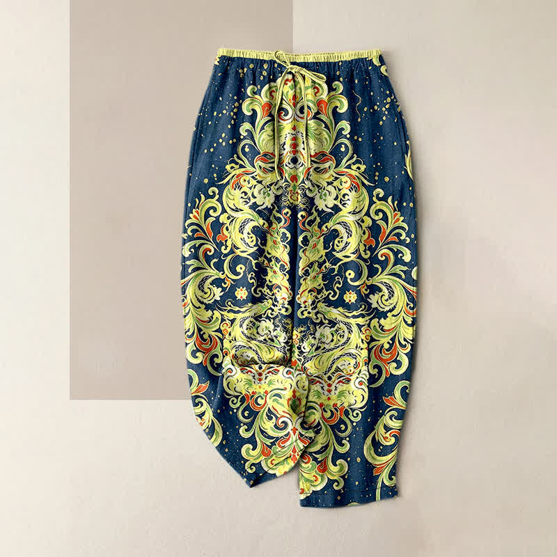 Nimara Ritual Pure Cotton Vivid Paisley Floral Pattern Women's Elastic Waist Pants With Pockets