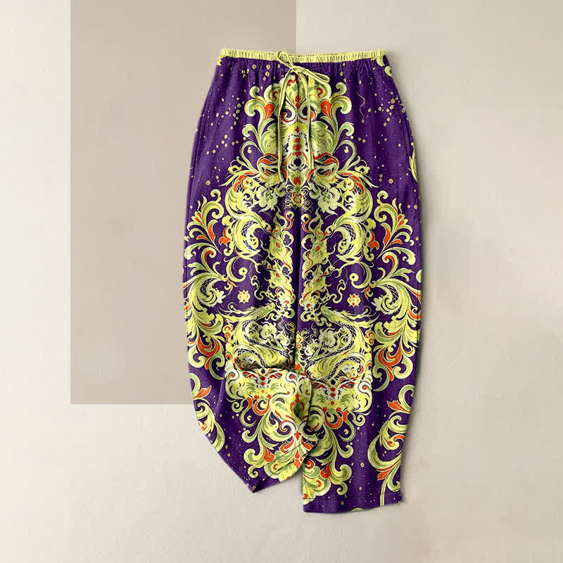 Nimara Ritual Pure Cotton Vivid Paisley Floral Pattern Women's Elastic Waist Pants With Pockets