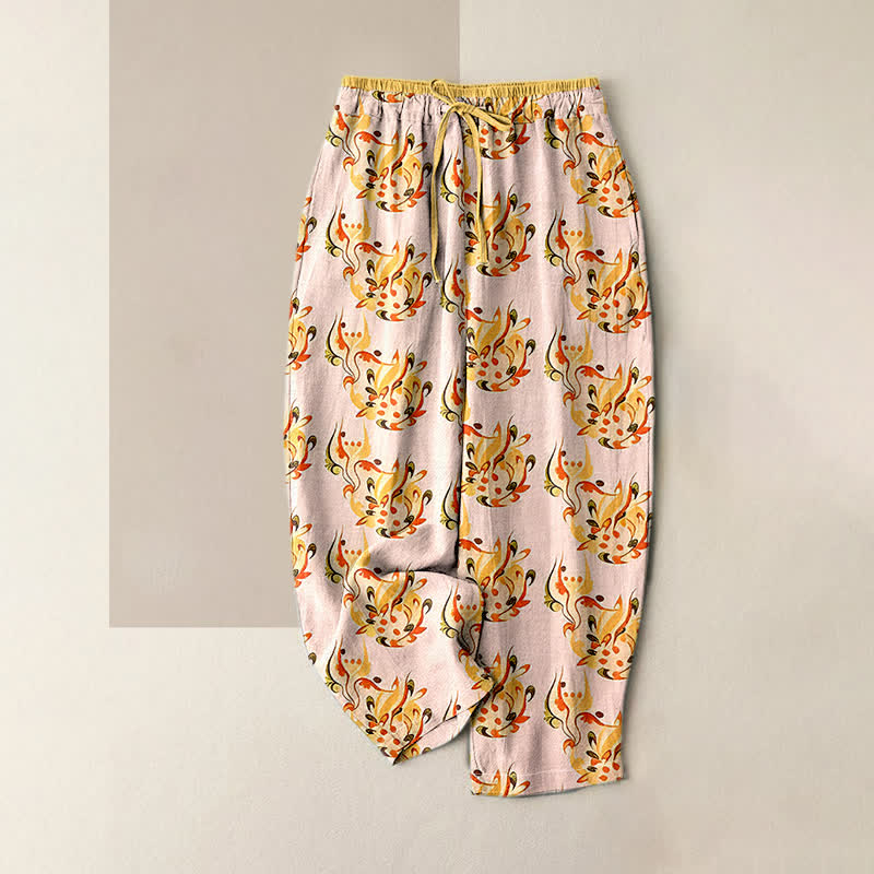 Nimara Ritual Pure Cotton Sunny Abstract Floral Pattern Women's Elastic Waist Pants With Pockets