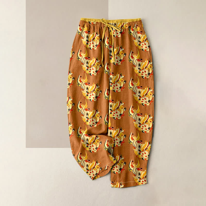 Nimara Ritual Pure Cotton Sunny Abstract Floral Pattern Women's Elastic Waist Pants With Pockets
