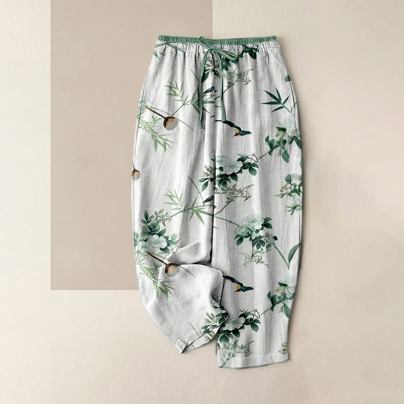 Nimara Ritual Pure Cotton Watercolor Bamboo Flower Bird Pattern Women's Elastic Waist Pants With Pockets