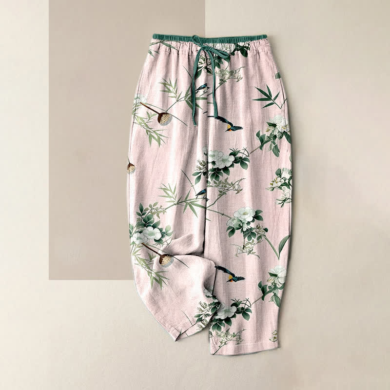 Nimara Ritual Pure Cotton Watercolor Bamboo Flower Bird Pattern Women's Elastic Waist Pants With Pockets