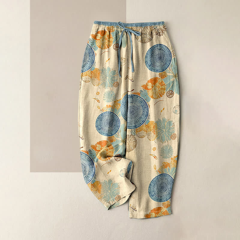 Nimara Ritual Pure Cotton Orange Floral Pattern Women's Elastic Waist Pants With Pockets