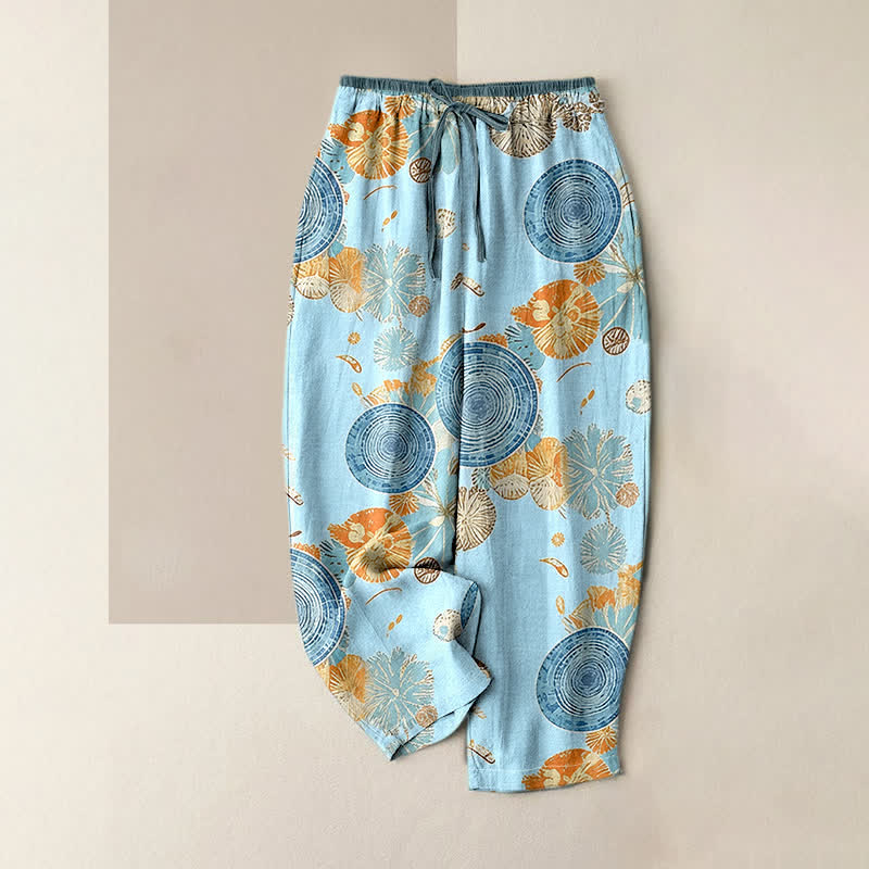 Nimara Ritual Pure Cotton Orange Floral Pattern Women's Elastic Waist Pants With Pockets