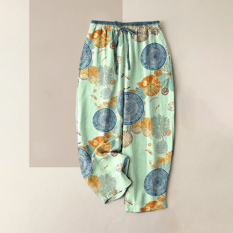 Nimara Ritual Pure Cotton Orange Floral Pattern Women's Elastic Waist Pants With Pockets