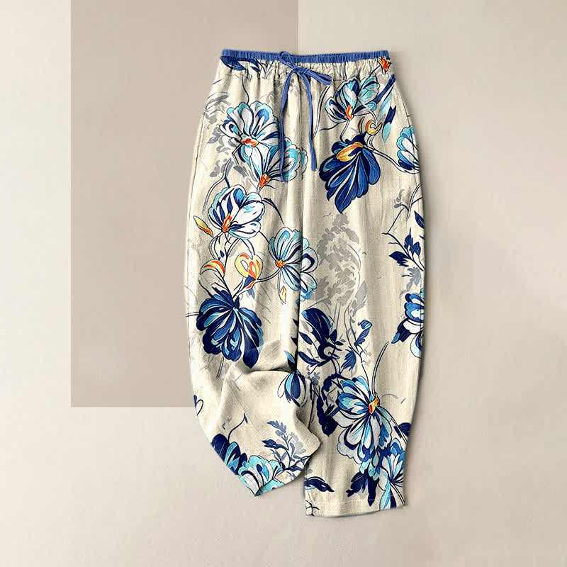 Nimara Ritual Pure Cotton Indigo Botanical Bloom Pattern Women's Elastic Waist Pants With Pockets