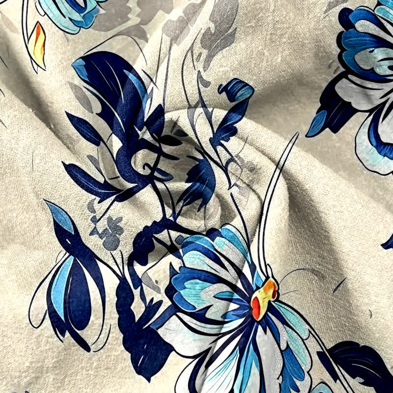 Nimara Ritual Pure Cotton Indigo Botanical Bloom Pattern Women's Elastic Waist Pants With Pockets