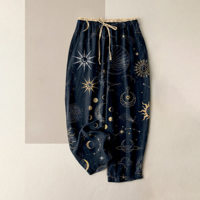 Nimara Ritual Pure Cotton Celestial Sun Moon Stars Pattern Women's Elastic Waist Pants With Pockets