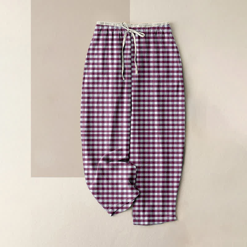 Nimara Ritual Cotton Classic Gingham Pattern Women's Elastic Waist Pants With Pockets