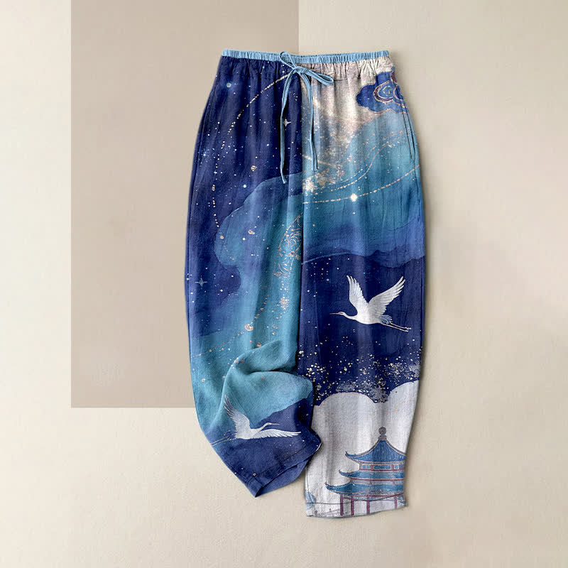 Nimara Ritual Pure Cotton Oriental Crane Watercolor Pattern Women's Elastic Waist Pants With Pockets