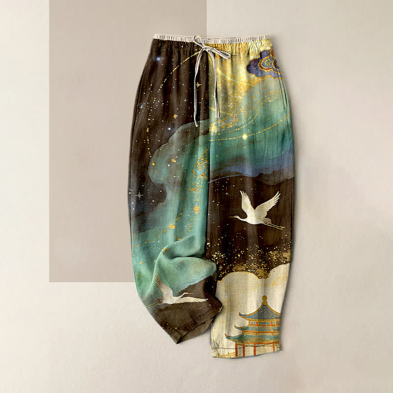 Nimara Ritual Pure Cotton Oriental Crane Watercolor Pattern Women's Elastic Waist Pants With Pockets