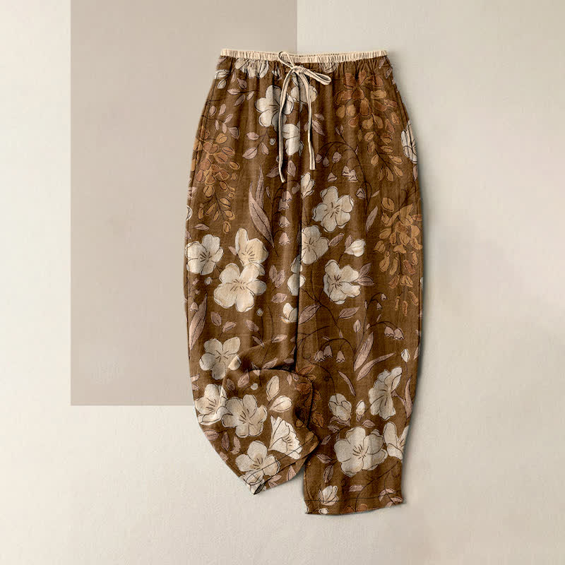Nimara Ritual Pure Cotton Floral Pattern Women's Elastic Waist Pants With Pockets