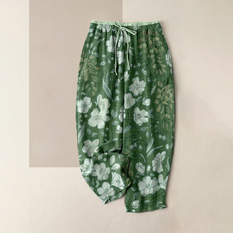 Nimara Ritual Pure Cotton Floral Pattern Women's Elastic Waist Pants With Pockets