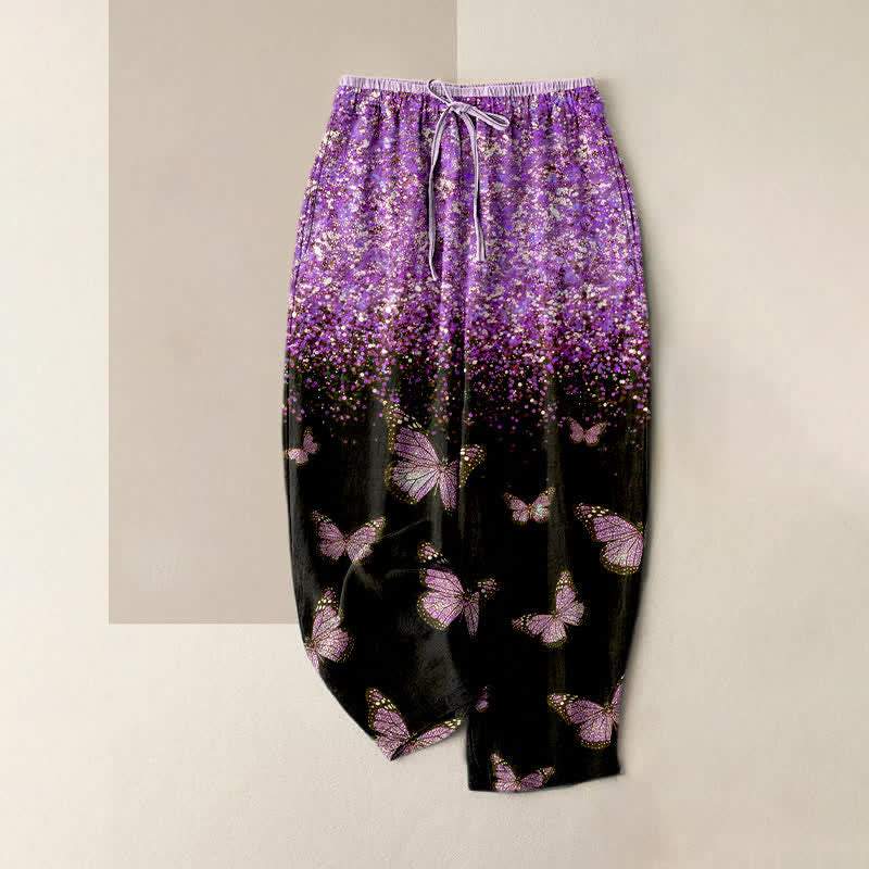 Nimara Ritual Pure Cotton Gradient Butterfly Pattern Women's Elastic Waist Pants With Pockets