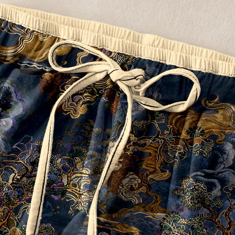 Nimara Ritual Pure Cotton Golden Cloud Oriental Pattern Women's Elastic Waist Pants With Pockets