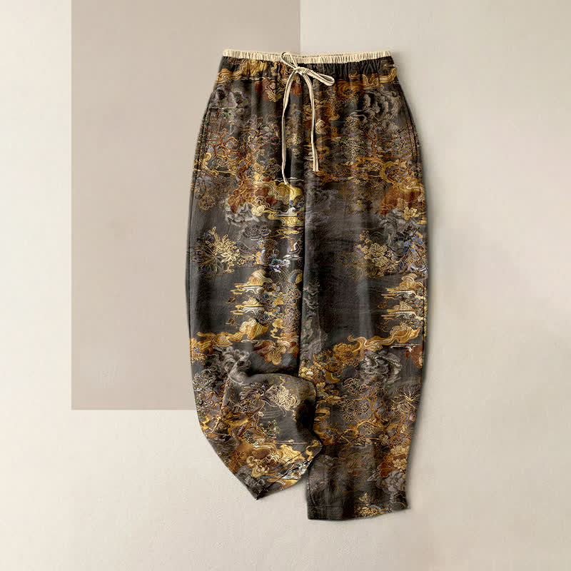 Nimara Ritual Pure Cotton Golden Cloud Oriental Pattern Women's Elastic Waist Pants With Pockets