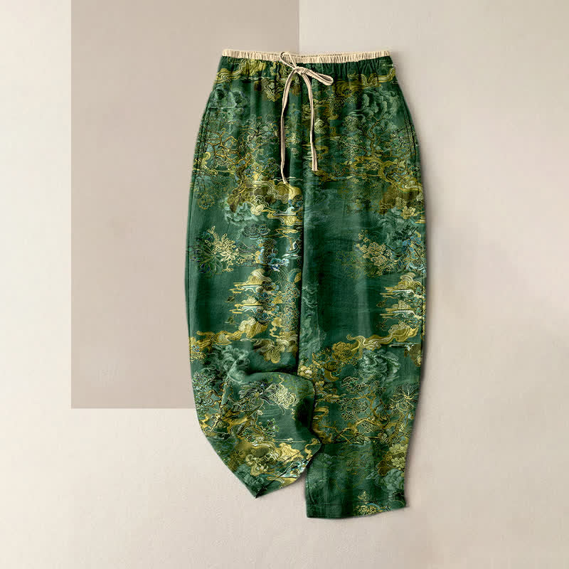 Nimara Ritual Pure Cotton Golden Cloud Oriental Pattern Women's Elastic Waist Pants With Pockets